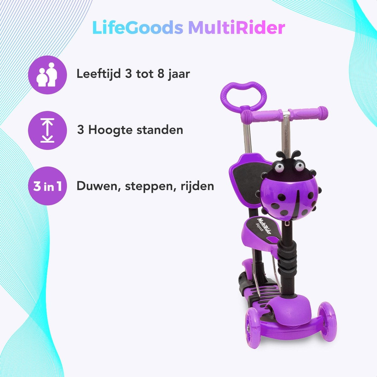 Scooter pour enfants avec barre de poussée - LifeGoods MultiRider - 3 à 8 ans - garçons/filles - 3 roues lumineuses - violet