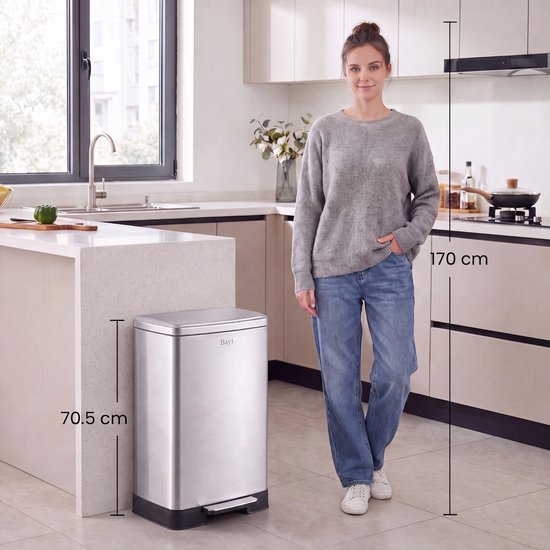 Poubelle Bayt - Poubelle 60 litres - Poubelle à pédale 60 litres - Poubelle 60 litres - Poubelle - Acier inoxydable - Argent