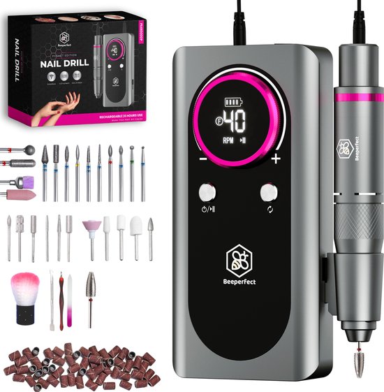 Beeperfect® Lime à ongles électrique édition de poche - Moulin à ongles - Ensemble manucure et pédicure - Sans fil - Batterie 6000MaH - Comprend 26 embouts, 60 rouleaux abrasifs et 5 accessoires - 40,000RPM