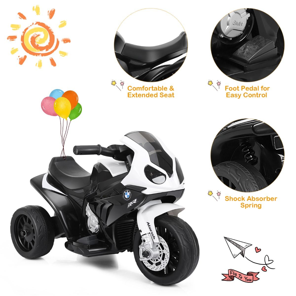 Coast - Moto électrique pour enfants 3 roues - 6V, rechargeable, max. 20 kg - 66 x 37 x 44,5 cm - PP/Iron - Noir/Blanc