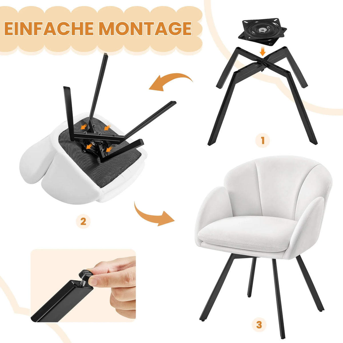 Yaheetech Swivel Chair Floral - Mécanisme de pivotement à 360°, coussin d'assise amovible et base en métal en forme de X - Pour chambre et bureau à domicile - Bouclé blanc et métal - 57 x 61 x 75 cm