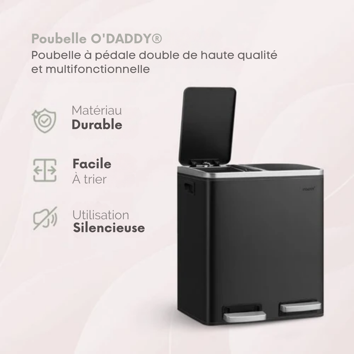 Poubelle de Tri – O'DADDY - 30 L – Double Compartiment – Poubelle à pédale – 2x 15L de capacité – Design compact – Métal – Noir