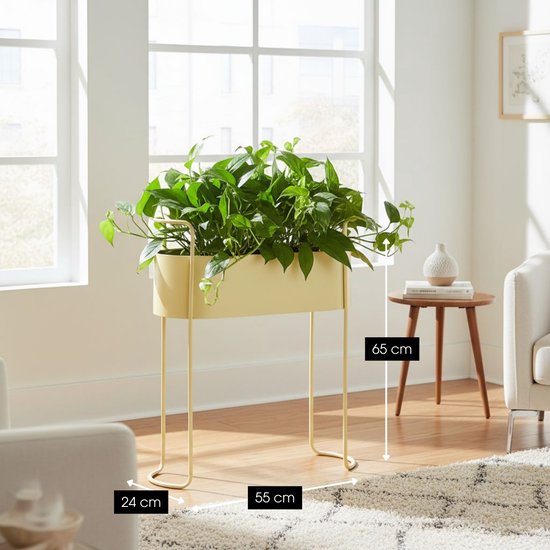 Mica Decorations Moritz : pot de fleurs sur pied - Pot de fleurs L55 x l24 x H65 cm - Pied en fer - Pot de fleurs d'intérieur ou d'extérieur - Beige