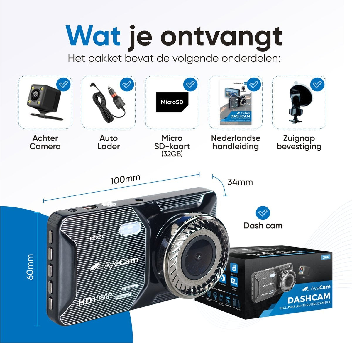AyeCam Dashcam Pro - Dashcam pour voiture avant et arrière - FULL HD & Vision nocturne - G-Sensor - Incl. 32GB SD