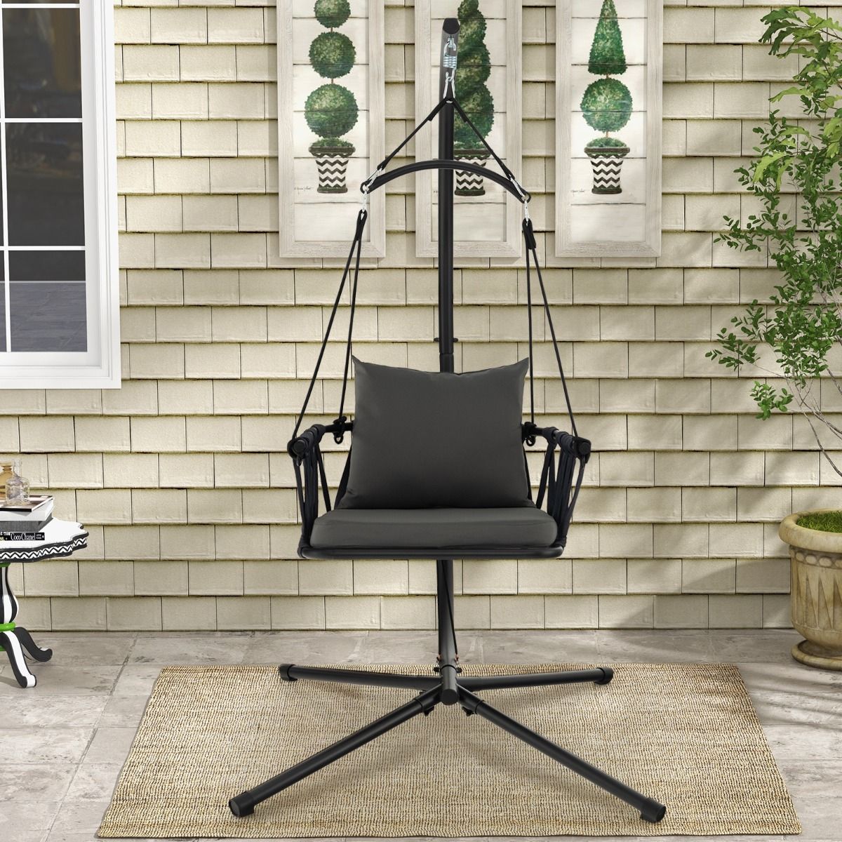 Fauteuil suspendu Coast avec support - Dossier tressé - Coussins d'assise et de dossier inclus - Gris