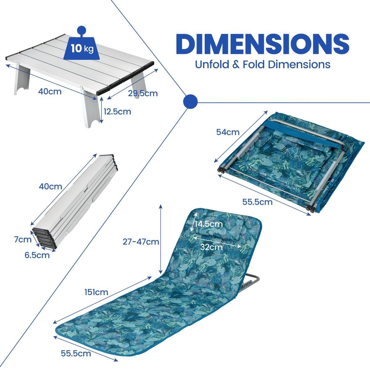 Tapis de plage et table d'appoint Coast - Lot de 3 - Bleu turquoise - Pliable