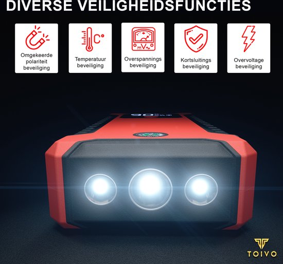 Toivo 12V Jumpstarter for Car - 1000A / 20,000 mAh - With Compressor - 4-in-1 Starting Aid with Powerbank, LED Flashlight and SOS Emergency Light - In Storage Case
