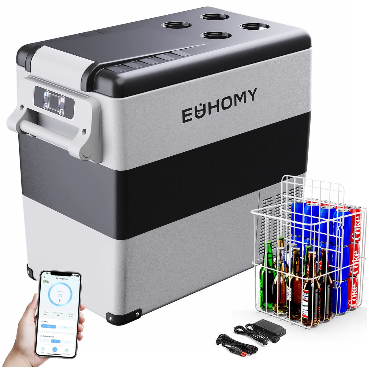 Glacière à compresseur Euhomy 49,4 litres - 2 compartiments - Réfrigération et congélation - de -20 à 20 °C - 12/24 V et 230 V - Commande via une application