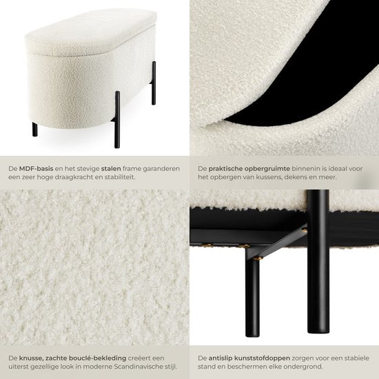 tectake® Banc avec rangement - Boîte de rangement rembourrée - Boîte d'assise avec rangement, rembourrée - Tissu Bouclé style scandinave - 97x36x42cm - blanc crème