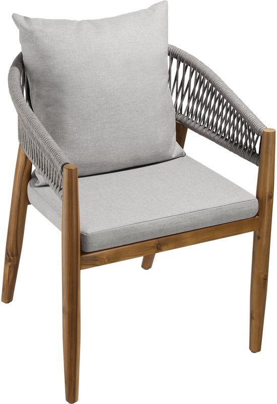tectake® Lot de 2 chaises de jardin Manacor - Chaise de jardin en forme de corde - Chaise de balcon - Chaise d'extérieur en bois d'acacia verni résistante aux intempéries - Gris/Beige - Chaises de jardin, de balcon, de terrasse