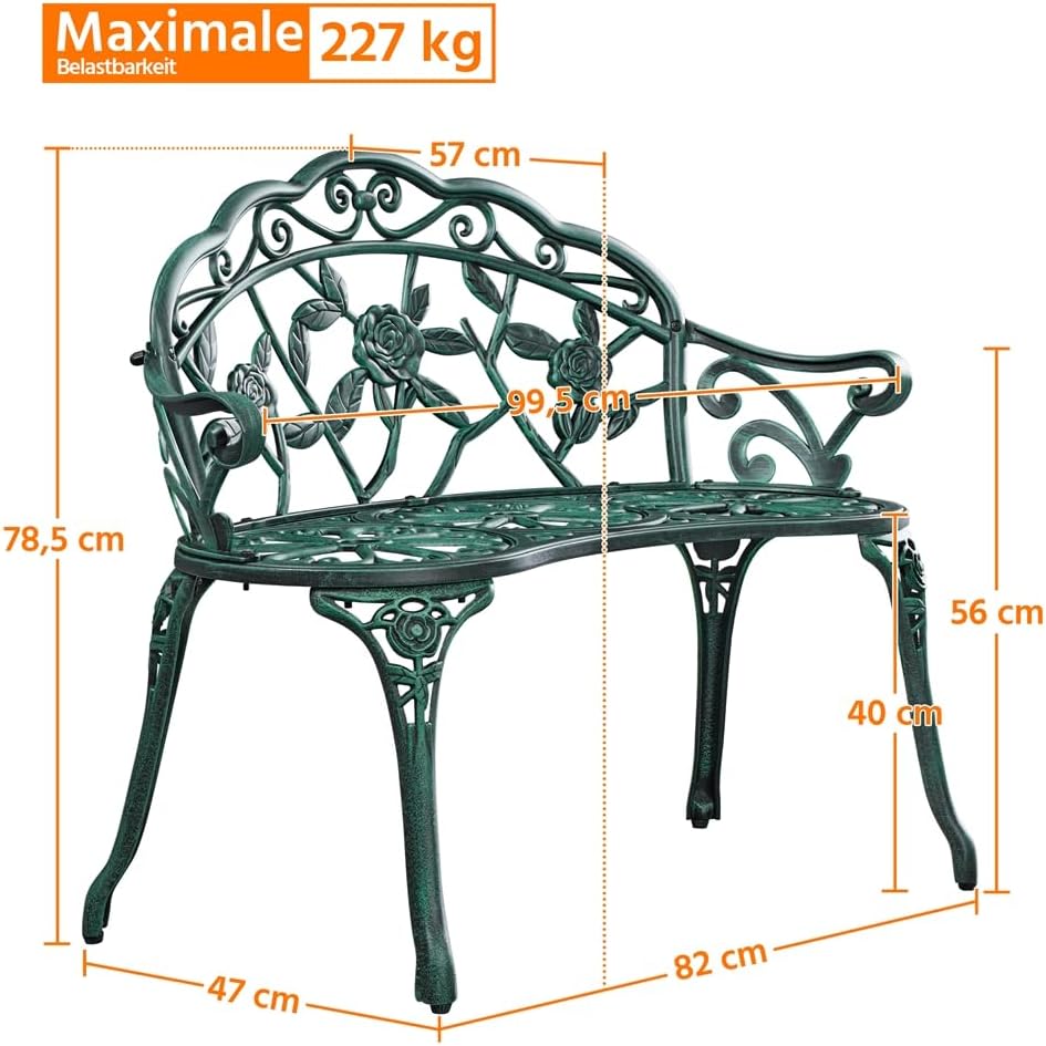 Banc de jardin vintage Yaheetech 99,5 x 57 x 78,5 cm - Vert - 2 places - Métal - 227 kg
