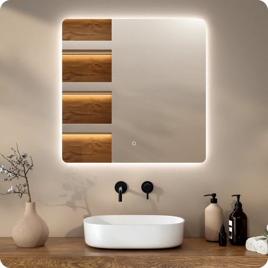 Miroir de salle de bains Mirlux avec éclairage LED et chauffage – Miroir mural carré – Miroir de douche anti-buée – Sans cadre – 80 x 80 cm