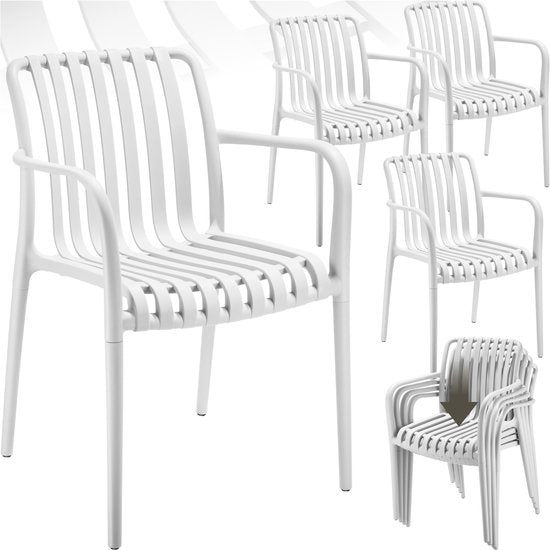 tectake® Lot de 4 chaises de jardin Alcudia - Crème - Chaises en plastique avec accoudoirs - Ensemble de jardin à disposer autour d'une table de jardin ou au camping - Empilables - Chaises pour le jardin, la terrasse ou le balcon - Résistantes aux intempé