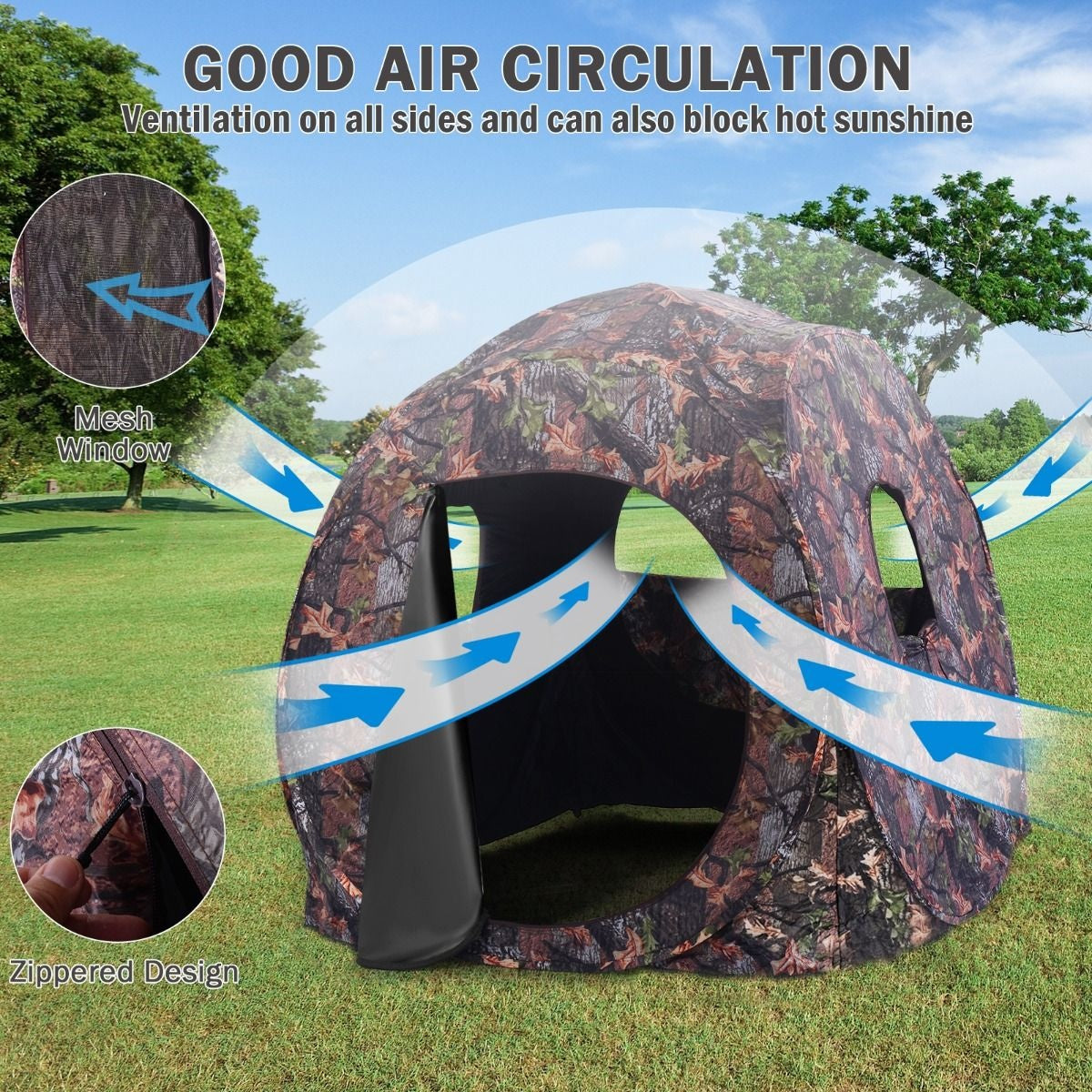 Cabane de chasse rétractable Coast pour 3 personnes Tente de chasse Cadre en acier Fenêtres en maille Sac de transport Sangles Piquets de sol Camouflage 152 x 152 x 163cm