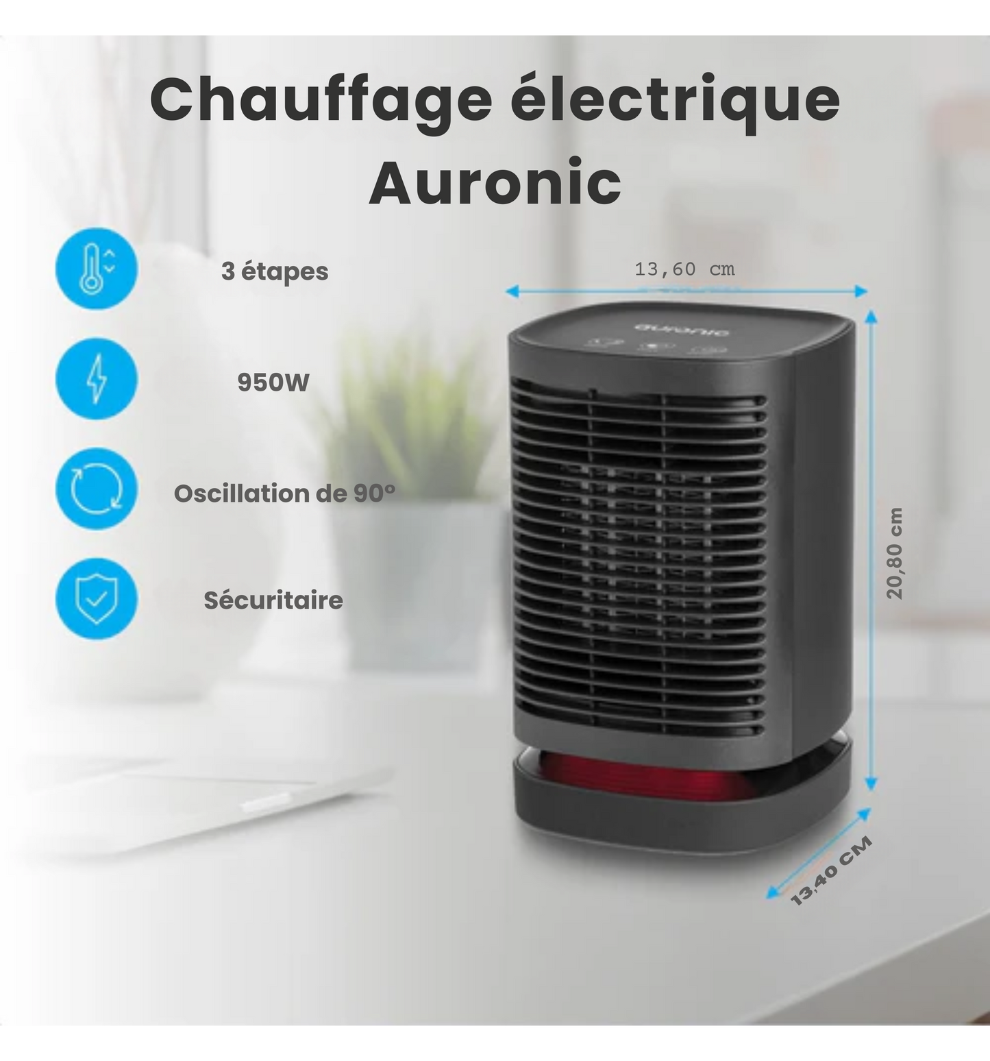 Chauffage à ventilation - Auronic - 3 niveaux - 950W - Indication LED - Rotatif - Noir