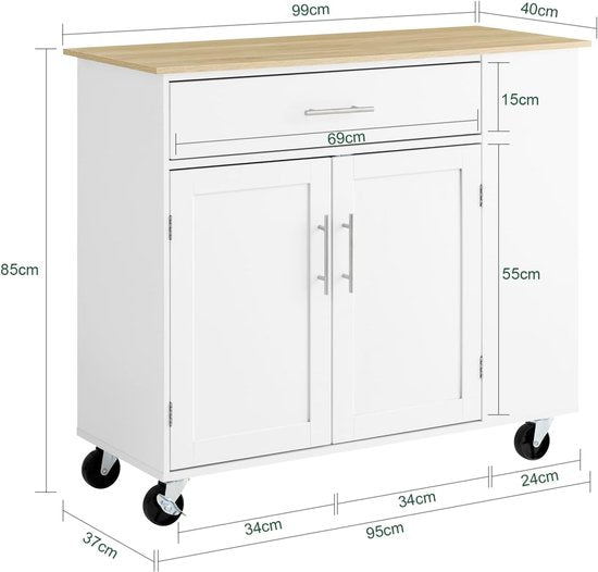 SoBuy îlot de cuisine mobile - chariot de cuisine - armoire de cuisine sur roulettes - pour salle à manger ou cuisine, blanc 99x40x85 cm FKW133-WN
