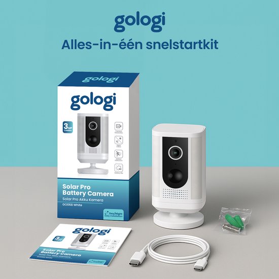 Gologi Solar Pro Caméra de sécurité extérieure - 5200 mAh - Vision nocturne - Détection de mouvement - Caméra de surveillance - Panneau solaire - Sans fil - USB-C - WiFi et App - Blanc