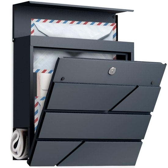 Boîte aux lettres Avalo en acier inoxydable Anthracite avec compartiment à journaux et serrure - Matériel de montage et 2 clés inclus