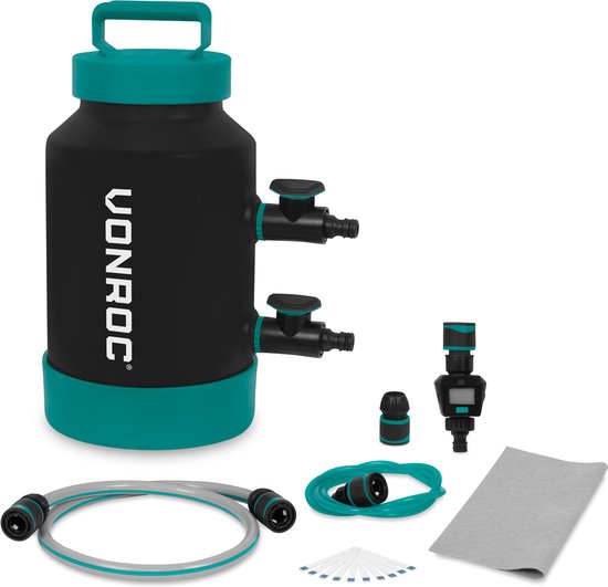 Adoucisseur d'eau VONROC - détartreur portable - adoucit 1000 litres par régénération - Compteur d'eau, bandelettes de test de dureté de l'eau, tuyaux et raccords inclus. - bleu/noir