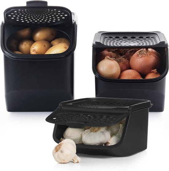 Ensemble Tupperware - PotatoSmart 8,3 L, OnionSmart 5,5 L et GarlicSmart 2,3 L - Récipients innovants pour pommes de terre, oignons et ail, assurant une circulation optimale de l'air - Conception empilable - Lavables au lave-vaisselle