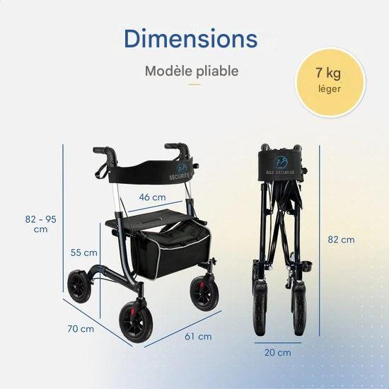 Déambulateur SafeLife - réglable, pliable et avec fonction d'assise - capacité de charge de 137 kg - 70 x 61 x 95 cm - noir