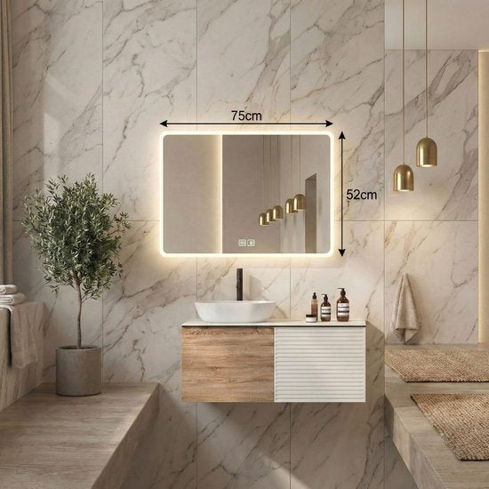 Bayt Miroir de salle de bain - Miroir de salle de bain avec éclairage - Miroir mural - 3 positions LED - Anti-buée - 75x52 cm