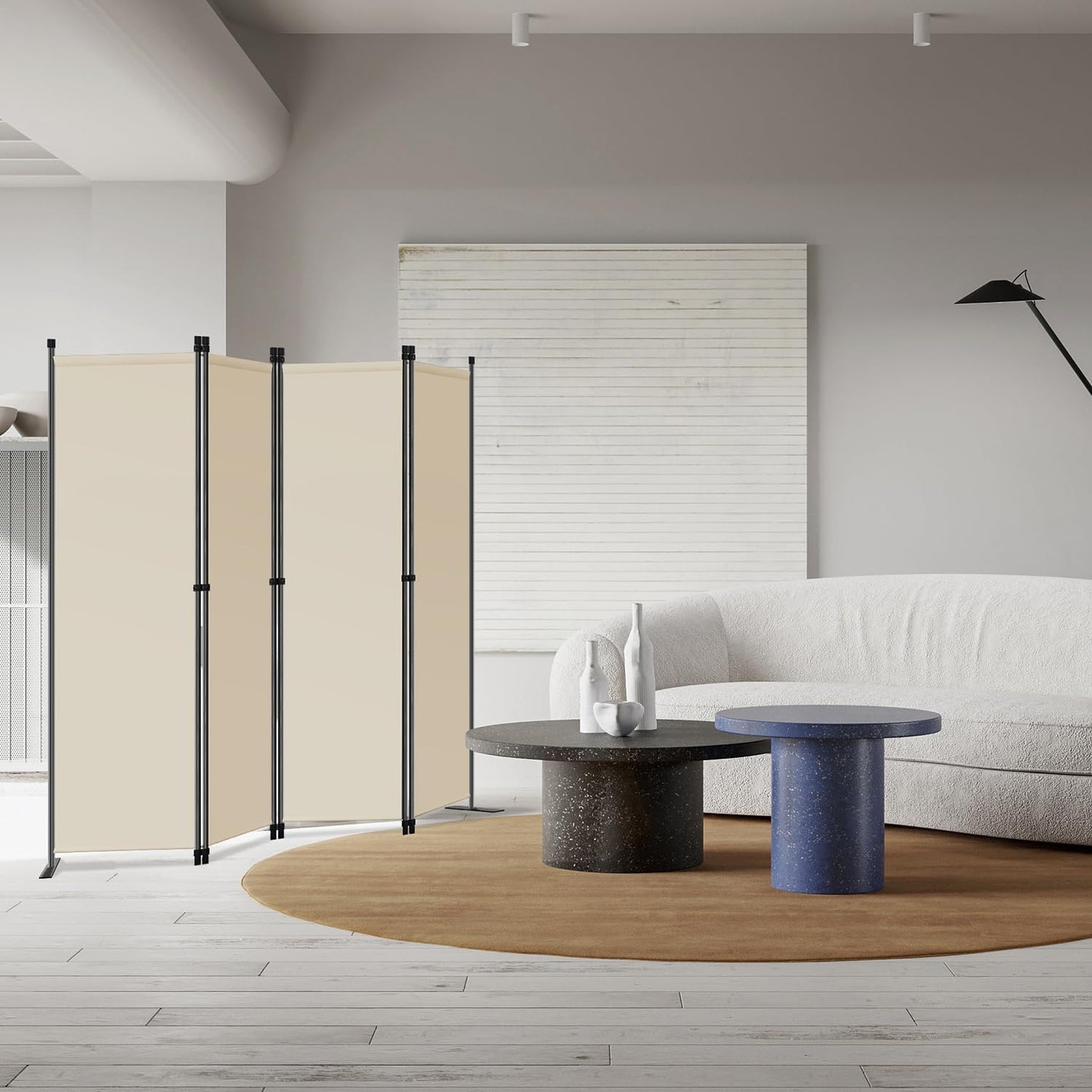 Angel Living Paravent de chambre - 4 pièces - 224x165 cm - Pliable - Acier et polyester - Séparation de pièces et intimité - Beige