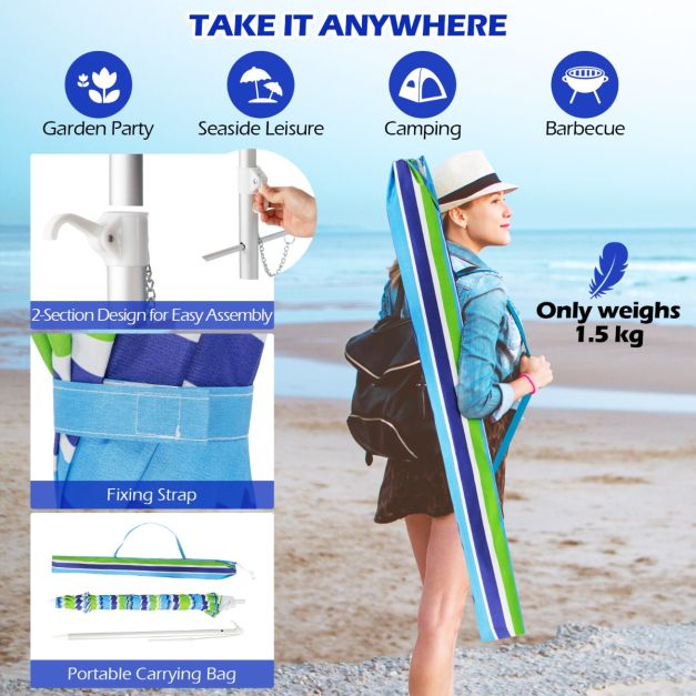 Costway Parasol de plage - inclinable et sac de transport inclus - 178 x 178 x 206 cm - bleu/vert