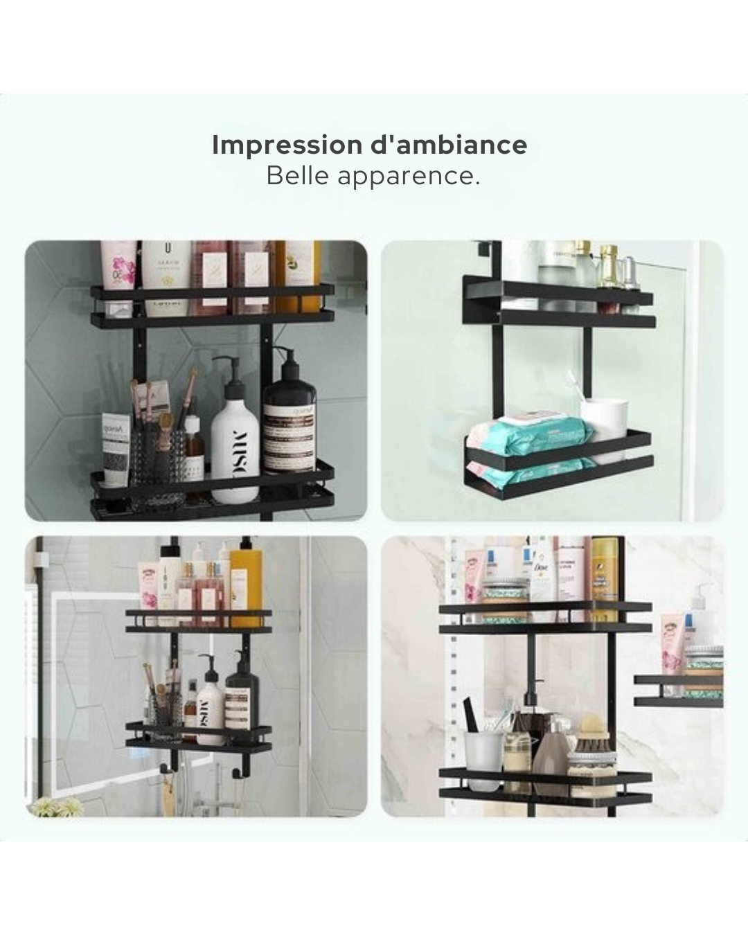 Goliving Support de douche - Support de douche sans perçage - 74 x 35 cm - Support de douche suspendu - acier inoxydable - Deux couches - Noir
