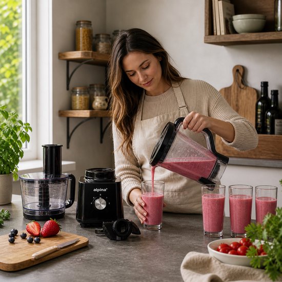 Robot ménager 3-en-1 Alpina : robot de cuisine, mixeur et machine à smoothies - Robot ménager multifonction - Coupe-légumes - Hachoir - 2 L - Sans BPA - Lavable au lave-vaisselle - FP413GS - Noir