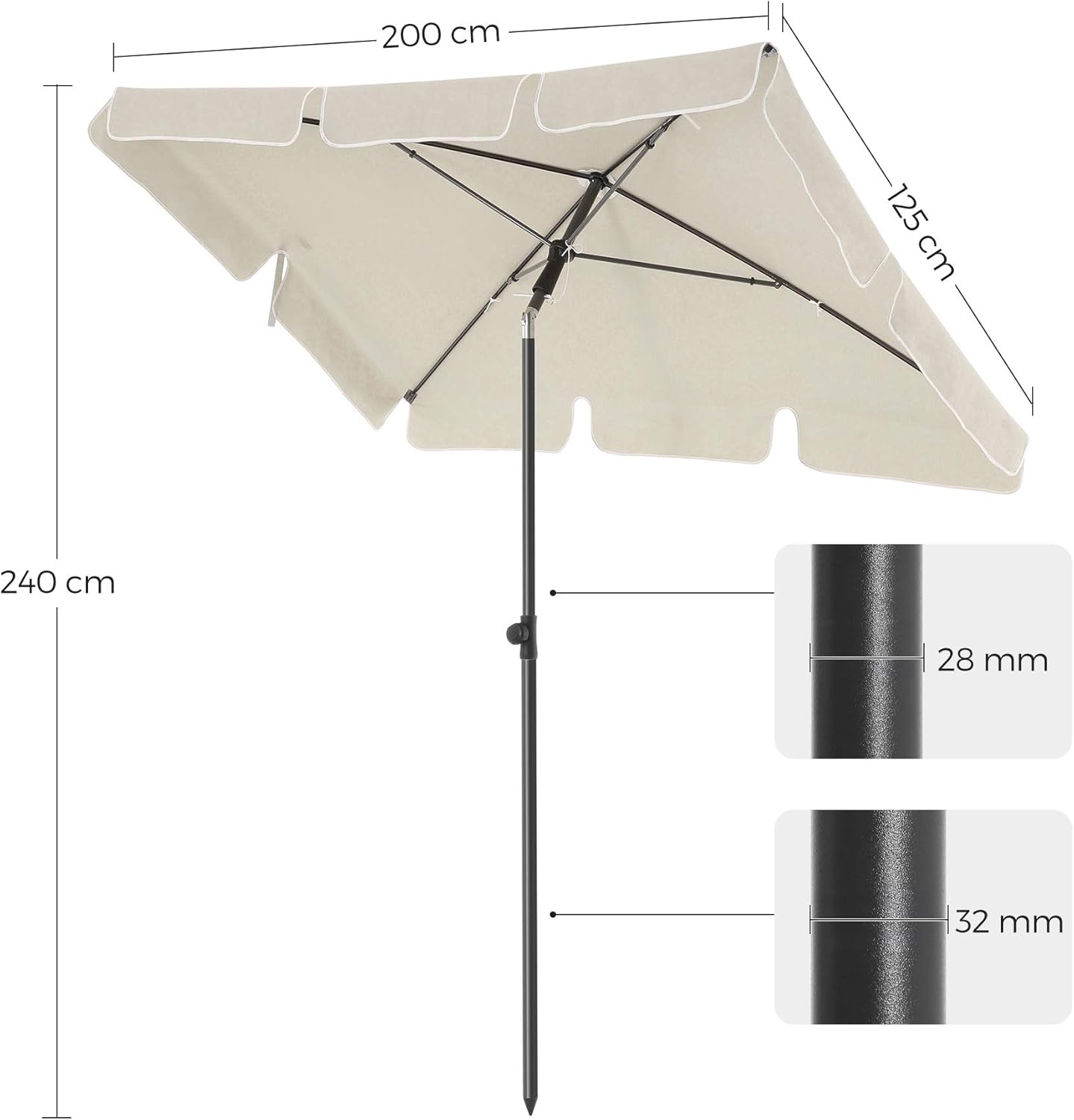 SONGMICS Parasol de balcon rectangulaire 200 x 125 cm, beige, protection UV jusqu'à UPF 50+, inclinable