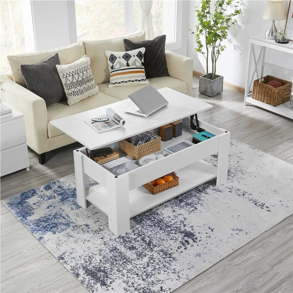 Table basse Yaheetech à hauteur réglable avec espace de rangement, 120 x 59 x 49,5 cm, blanche