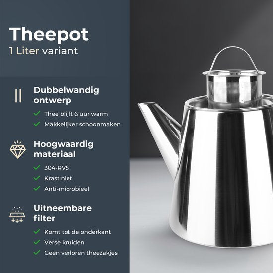 Théière Castagnola avec filtre - Théière à double paroi - Thermos en acier inoxydable - Pichet isotherme 1 L - acier inoxydable - Silver