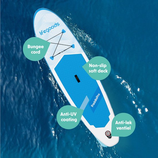 LifeGoods SUP Board All-round Compact - 100 KG Load Capacity - 300 x 76 cm - Inflatable - Complete SUP Package - White/Sky Blue