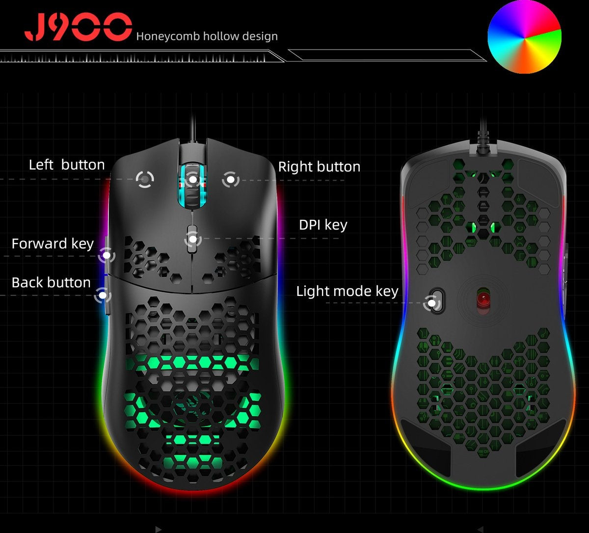 HXSJ J900 Souris de jeu optique - Ultra légère - Illumination RGB - 6400 DPI - Noir