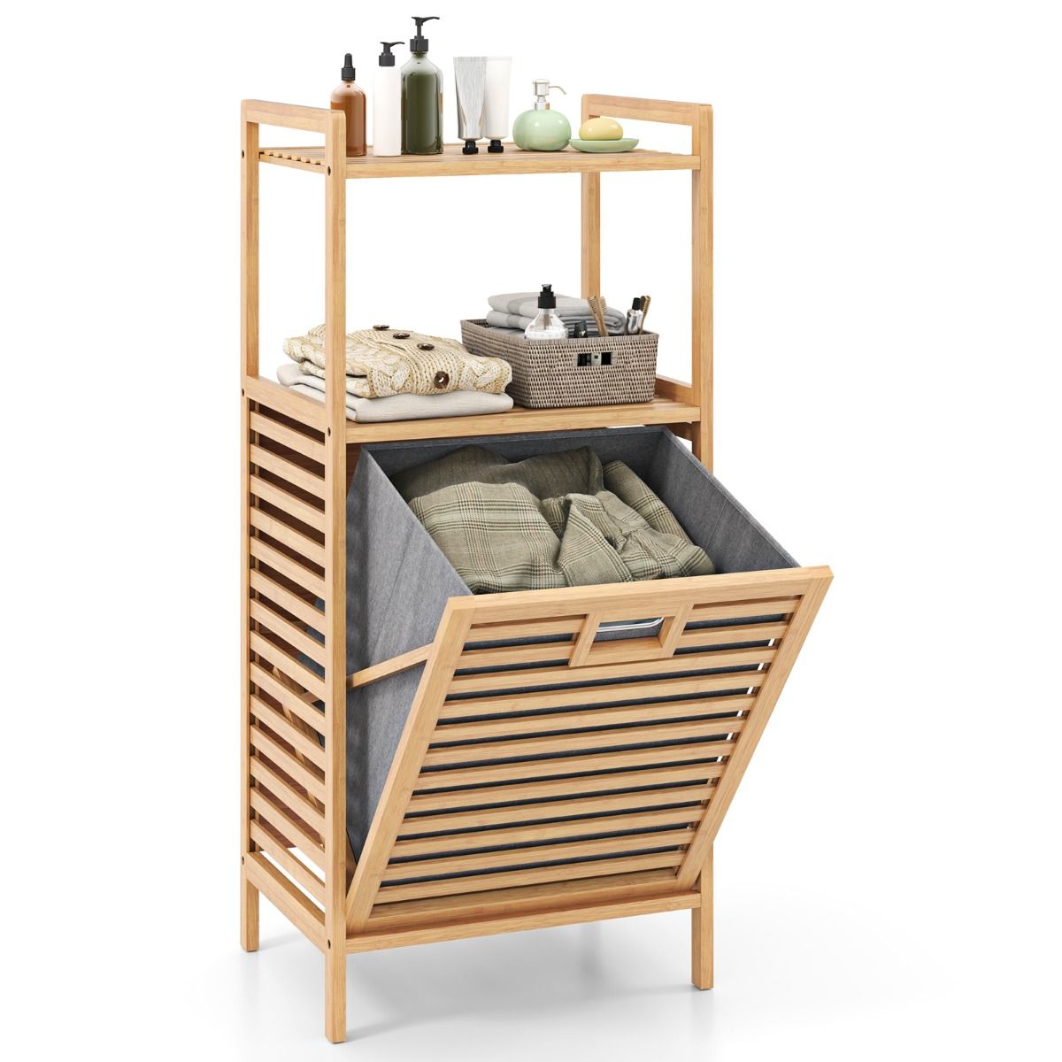 Coast Bathroom Rack with Laundry Basket 43.5x33x96 cm - Bamboo - Natural - With 2 Shelves and Removable Laundry Bag