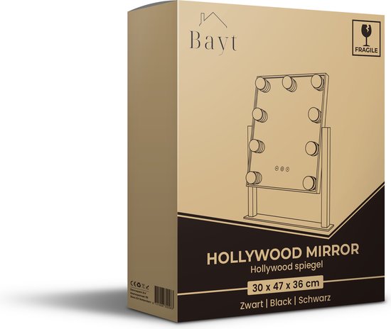 Bayt - Miroir avec éclairage - Miroir hollywoodien avec éclairage - Miroir de maquillage avec éclairage - Dimmable - Grossissement 10x - 36 x 30 cm - Noir