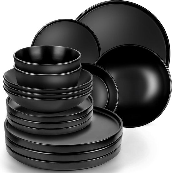 Deleca Service de table 6 personnes - Bols, Coupes / Assiettes - Faïence solide - Noir mat / 24 pièces