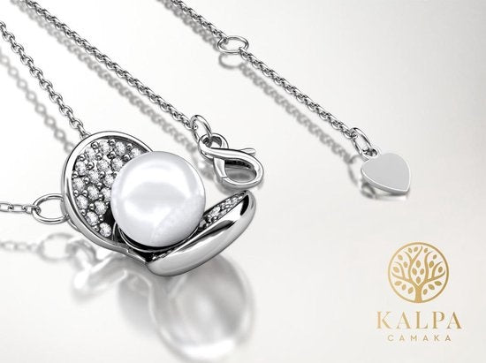 Yolora Collier femme avec pendentif - Perle et 52 cristaux Kalpa Camaka - Argent - Plaqué or blanc 18K - Collier femme argent - Bijoux - Coffret cadeau de luxe - Coffret cadeau - Coffret cadeau exclusif - Bel emballage cadeau