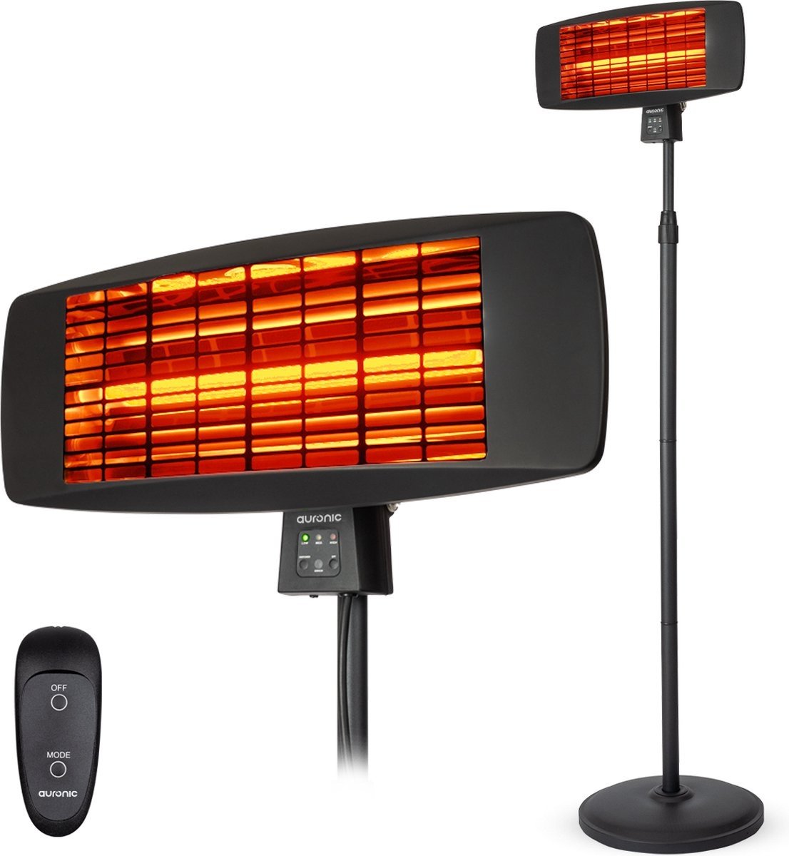 Chauffage de terrasse - Auronic - Électrique - 2000W - Télécommande incluse - 3 niveaux - Noir