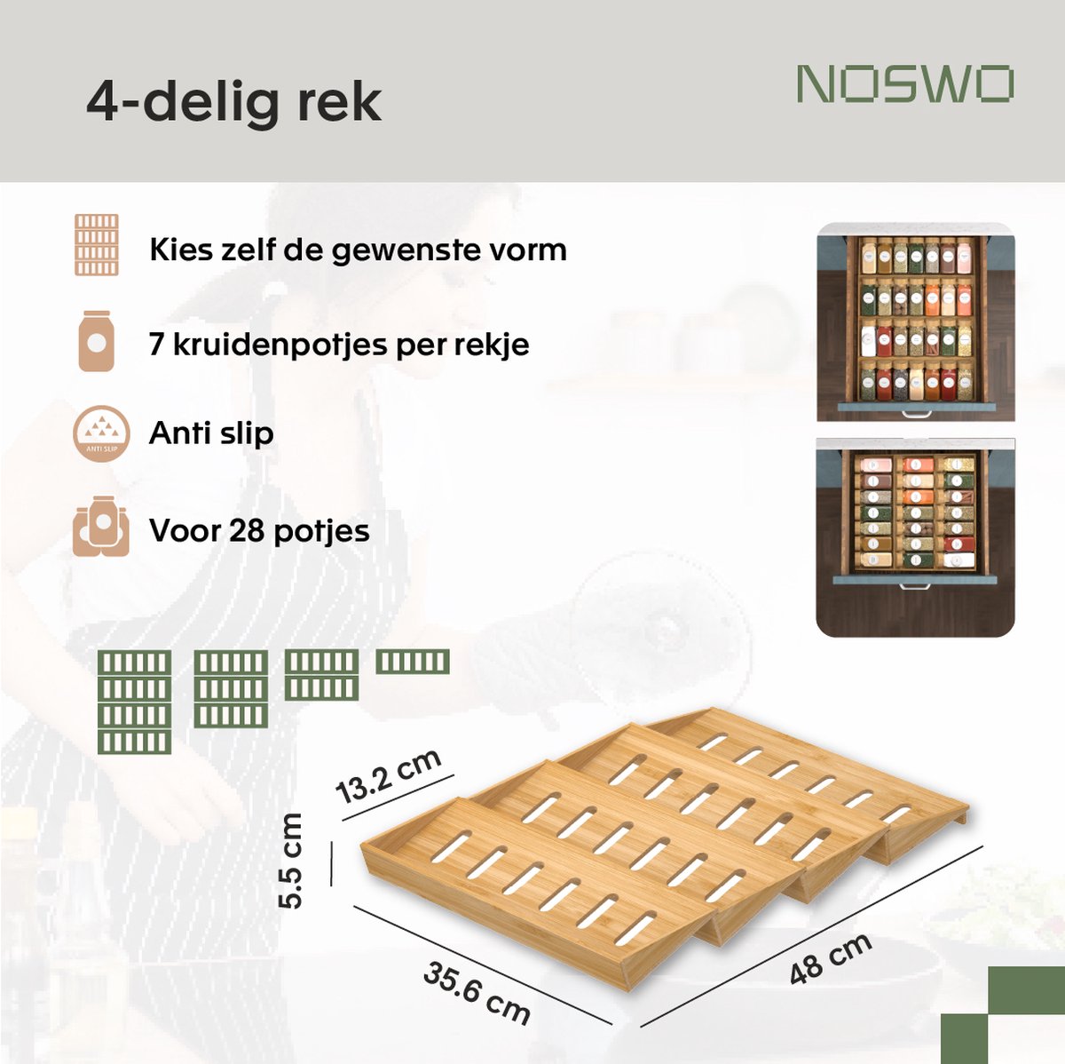 Noswo Spice Rack Drawer - With 28 Jars - Complete Set - Square - Sprinkle Lid and Labels - Spice Organiser - Kitchen Drawer Organiser - Bamboo