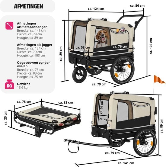 tectake® - Hondenkar WoofRider fietskar - beige - inklapbaar, tot 40 kg - hondenbuggy hondenwagen - 404945