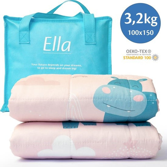 Ella® Couverture lestée pour enfant 3.2kg - 100 x 150cm  - OEKO-TEX Coton - Hippopotame