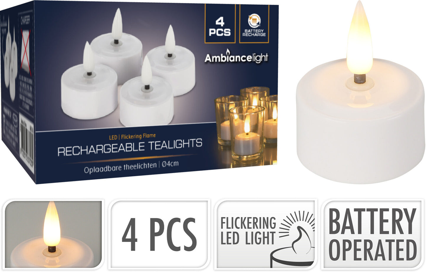 Bougie LED, Boite 32 pièces, Rechargeable, Ø4cm, Sans chargeur