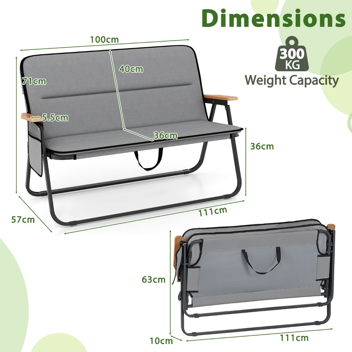 Chaise de camping double Coast - pliable - coussin amovible - gris