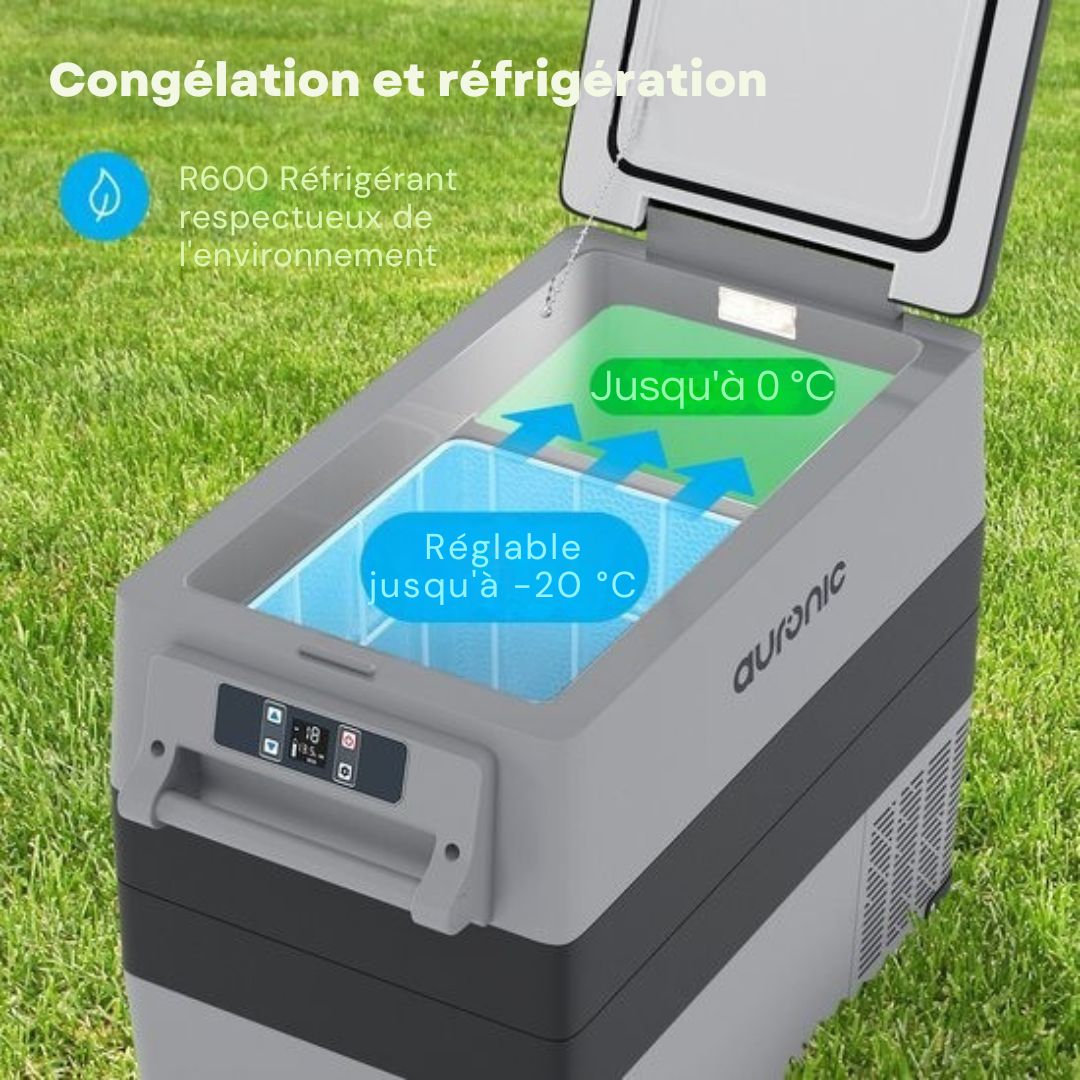 Glacière électrique à compresseur Auronic - 49.5L - Chargeur voiture 12V Prise de courant 230V - Gris