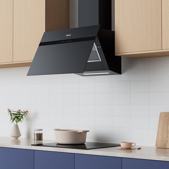 CIARRA CBCG6736H-G Hotte aspirante inclinée 60 cm, noire – Verre dépoli anti-traces de doigts – Avec Wi-Fi – Jeu de filtres à charbon inclus – 650 m³ – Classe énergétique A+++