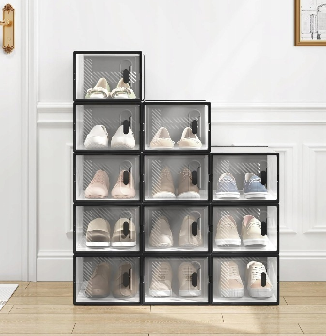 WOLTU Meuble à chaussures transparent noir - Lot de 12 boîtes empilables 35 x 25 x 19 cm