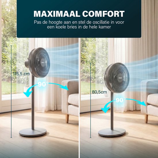 Ventilateur sur pied Princess DC – Ultra silencieux - ⌀44 cm – 12 vitesses – Oscillation – Minuterie 1 à 8 heures – Avec télécommande – 30 W – Gris - 354822