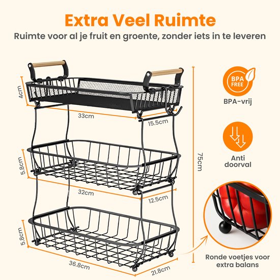 Posity Fruit Bowl 3 Layer - Fruit Basket - Fruit Etagere - Vegetable Basket - Wire Basket - With Banana Holder - Wood & Metal - Black